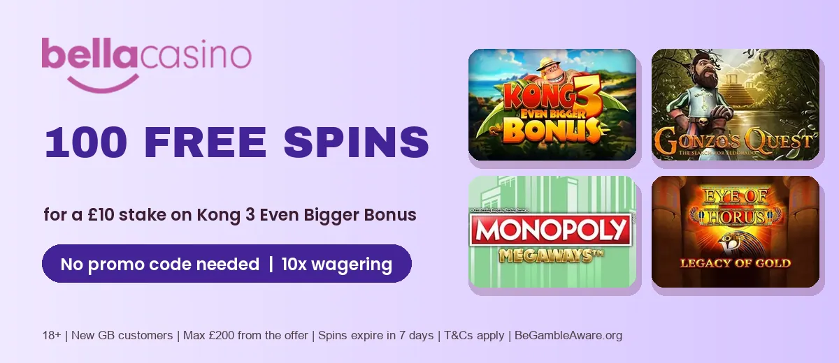 Bella Casino welcome offer: 100 free spins for a £10 stake
